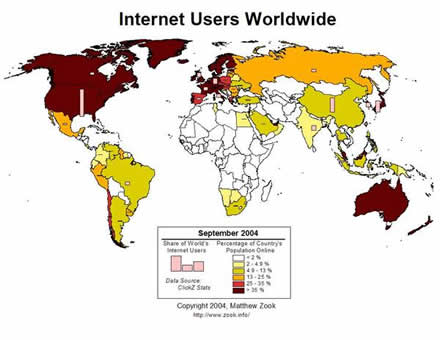 Distribución geográfica del uso de Internet en el mundo.Matthew Zook. Fuente: Zooknic. 2005 