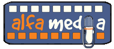 Logotipo de alfamedia que representa una pelicula fotografica y un microfono antigüo
